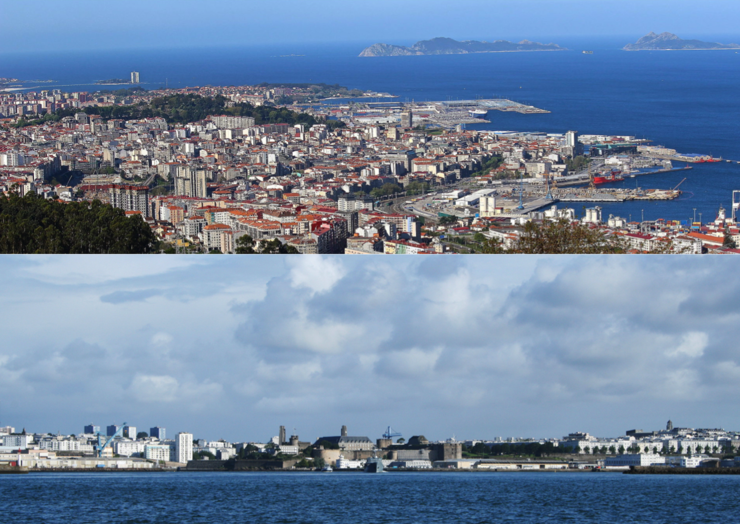 De arriba abaixo, as cidades de Vigo (Galicia) e Brest (Bretaña francesa) 