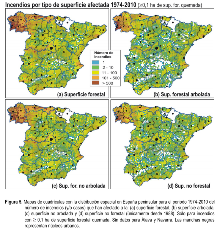 Distribución de incendios no Estado por superficie queimada, entre 1974 e 2010. O sur de Galicia é onde se concentran o maior número de incendios forestais 