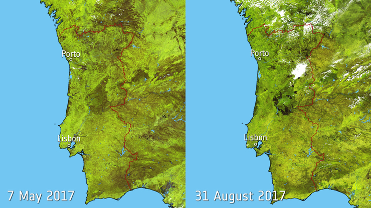 Imaxes tomadas polo satélite Copernicus Sentinel-3A antes e despois dos grandes incendios de 2017 