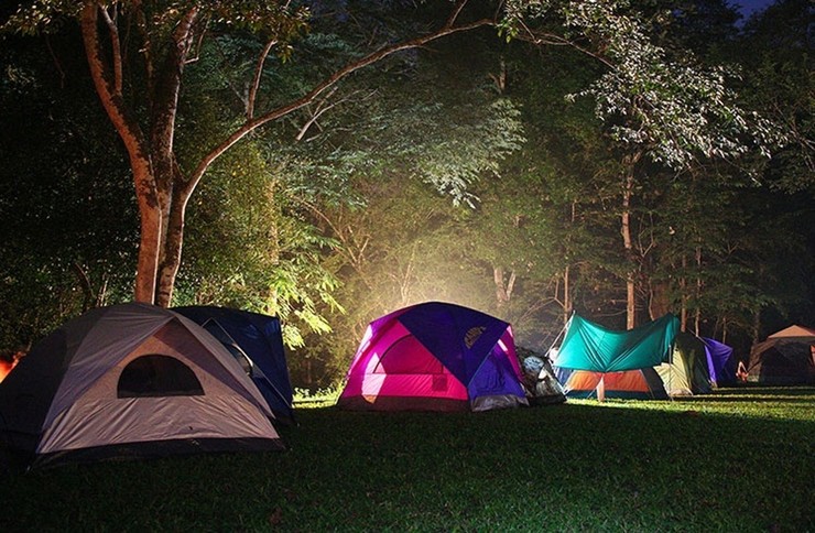 Tendas de campaña nunha acampada nocturna 