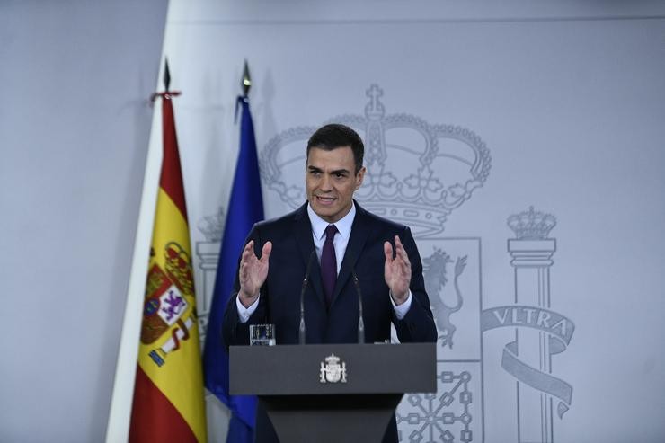 Declaración institucional de Pedro Sánchez para comunicar a data das próximas eleccións. Óscar del Pozo - Europa Press