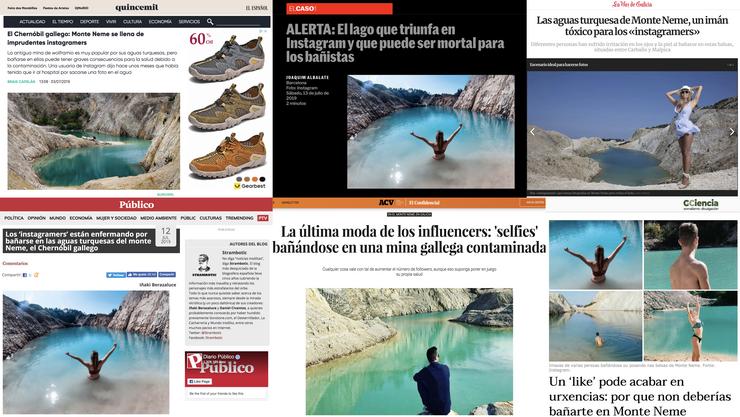 Titulares de distintos medios sobre a presunta "moda" en Instagram de publicar imaxes bañándose no lago do Monte Neme.