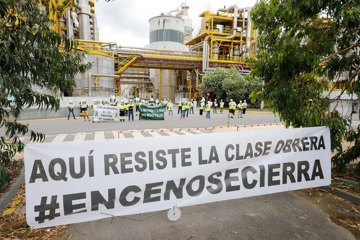 Arquivo - Alén da manifestación contra Ence, os traballadores da empresa concentráronse detrás dunha pancarta na que se le: `Aquí resiste a clase obreira´. Marta Vázquez Rodríguez - Europa Press - Arquivo 