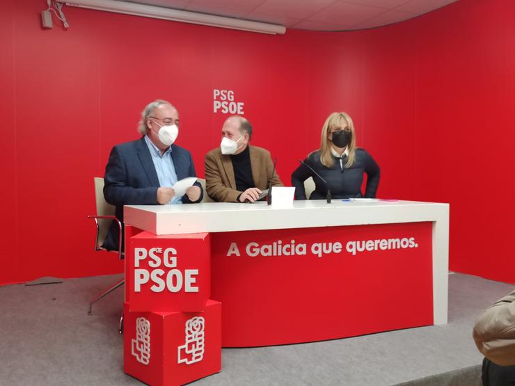 O deputado do PSdeG no Congreso Guillermo Meijón, o senador Xoaquín Fernánez Leiceaga e a parlamentaria Ana Prieto 