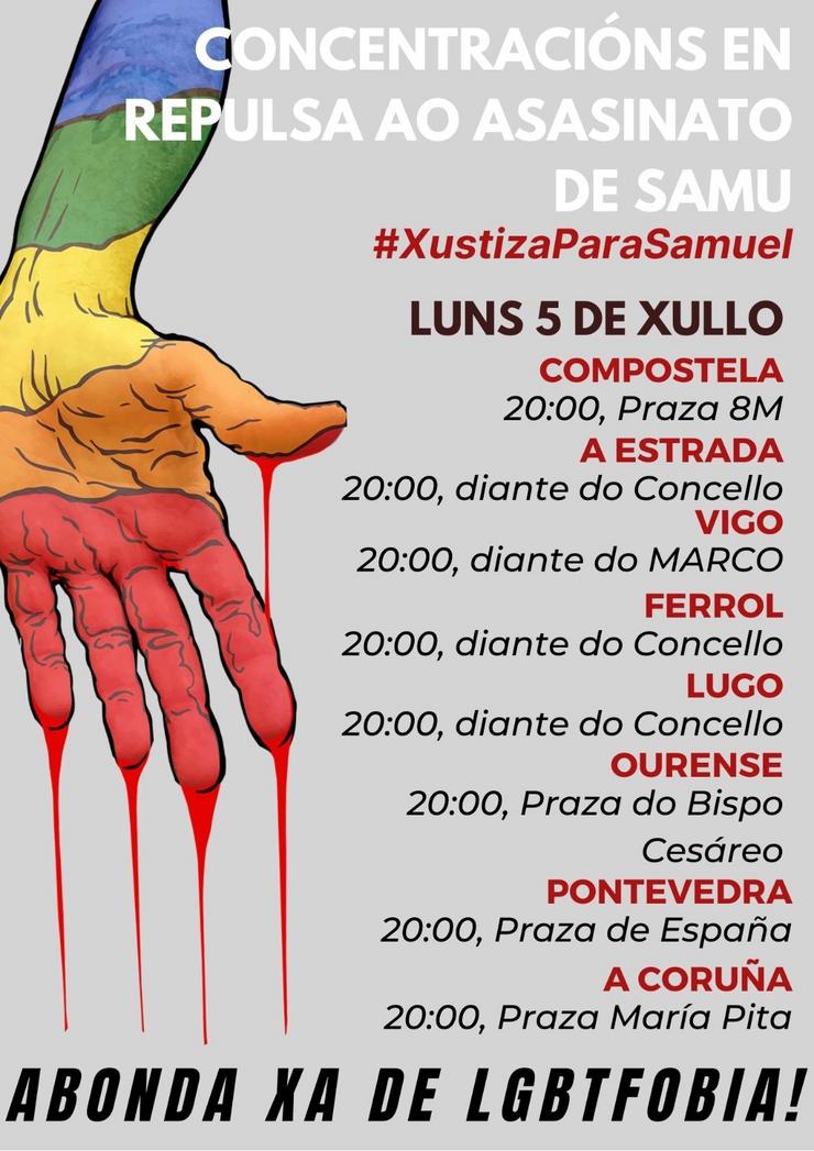 Cartel das manifestacións convocadas para o luns 5 de xuño en repulsa da morte dun mozo de 24 anos por mor dunha malleira na Coruña.. AVANTE LGBT / Europa Press