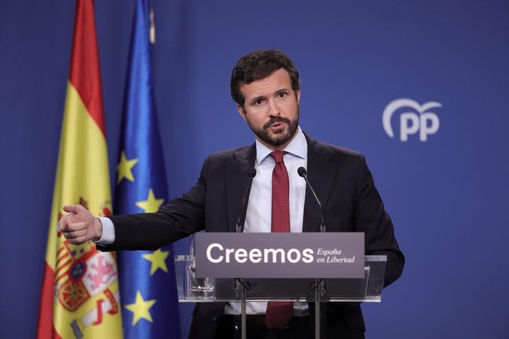 O presidente do PP, Pablo Casado, na sede do partido, a 29 de xullo de 2021, en Madrid 