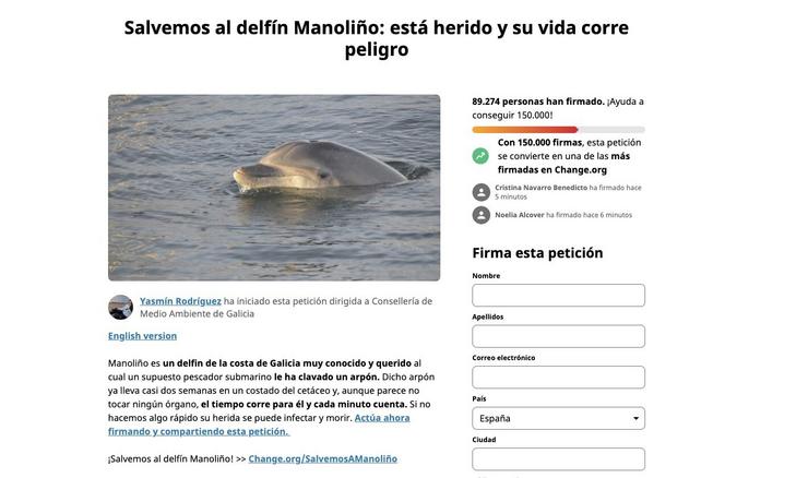 Campaña de Change.org para o rescate do golfiño galego ferido cun arpón, Manoliño. CHANGE.org 