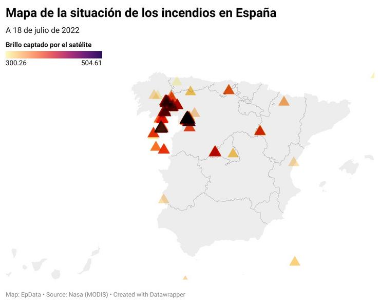 Mapa de situación dos incendios en España (18 de xullo de 2022). EPDATA 