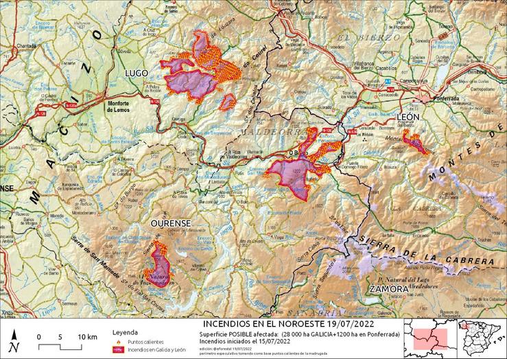 Mapa da situación dos lumes en Galicia na vaga de incendios de xullo de 2022