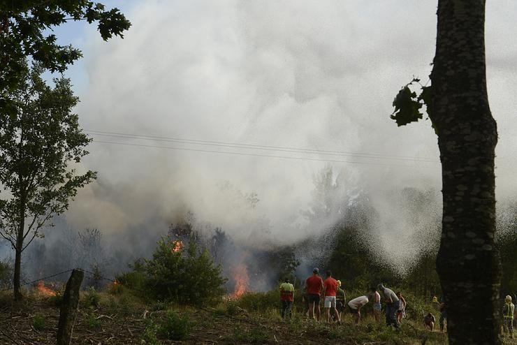 Varias persoas traballan na extinción dun incendio forestal 