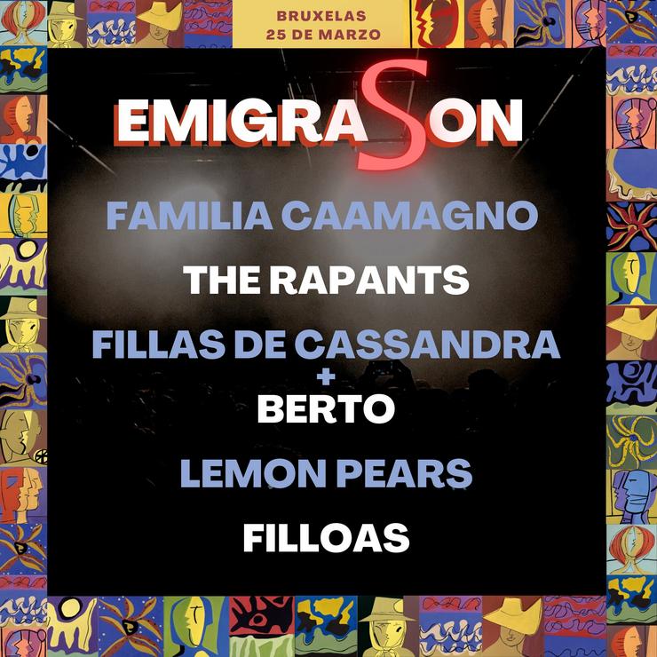Cartel completo da primeira edición do EmigraSON, que terá lugar en Bruxelas os días 24 e 25 de marzo.. EMIGRASON 