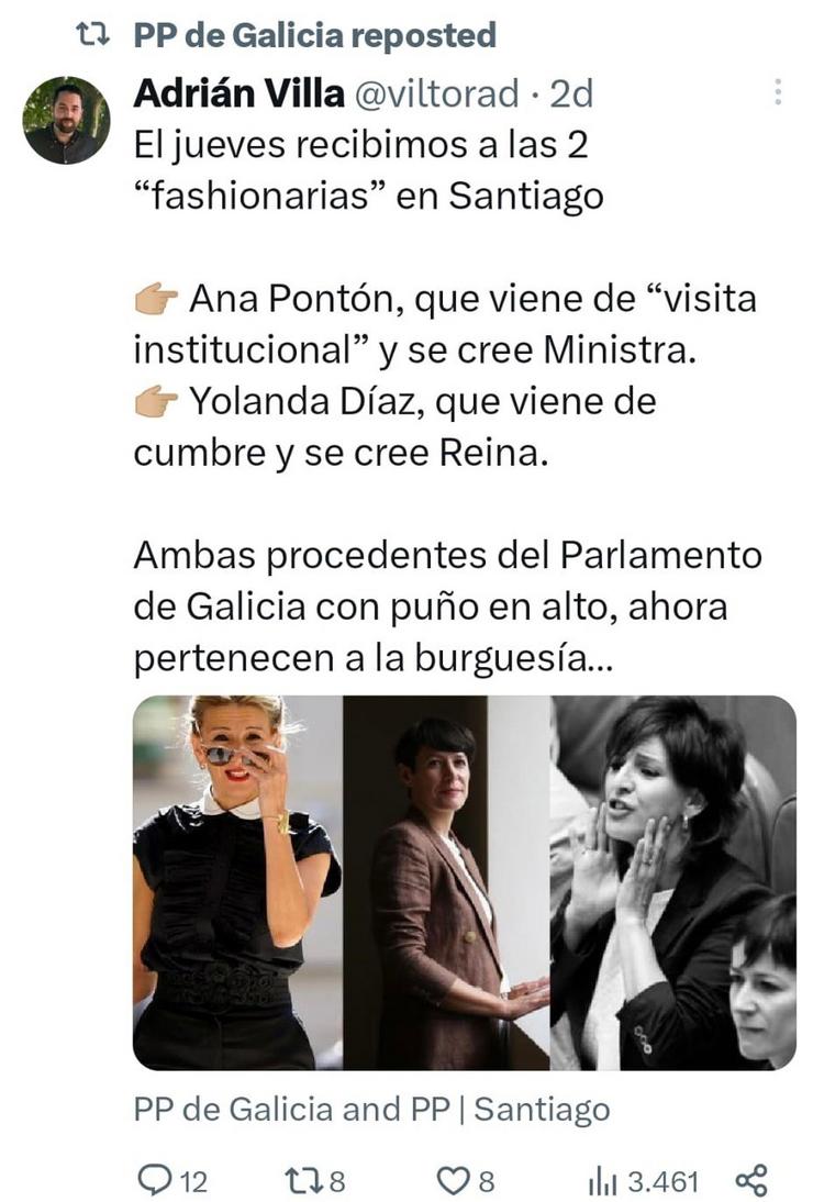 Comentario en X de Adrián Vila, concelleira do PP de Santiago, no que chama 'fashionarias' a Ana Pontón e a Yolanda Díaz  para descualificalas politicamente. PANTALLAZO REMITIDO POR BNG 
