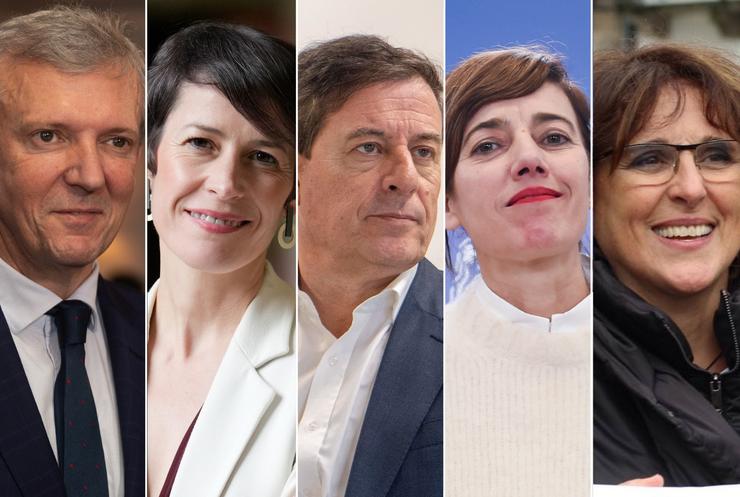 De esquerda a dereita: os candidatos Alfonso Rueda, Ana Pontón, José Ramón Gómez Besteiro, Marta Lois e Isabel Faraldo 