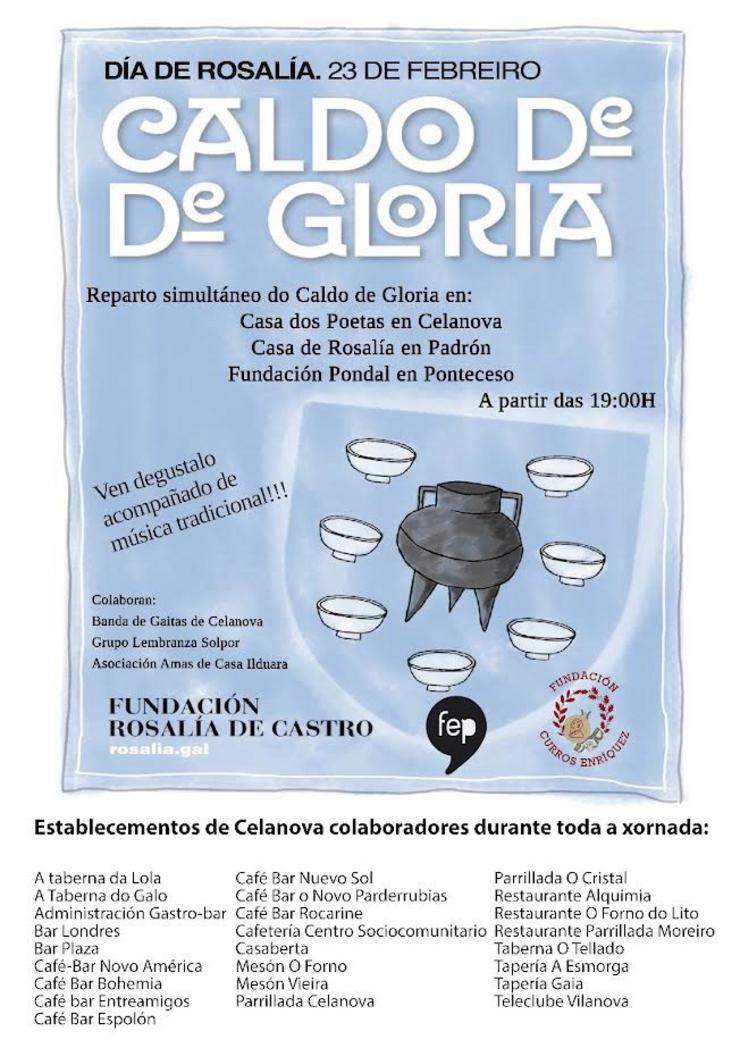 Cartel cos 25 establecementos de hostalaría que participarán polo Día de Rosalía de Castro no proxecto 'Caldo de Gloria'.. FUNDACIÓN CURROS ENRÍQUEZ 