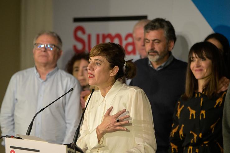 A candidata de Sumar á Presidencia da Xunta, Marta Lois, comparece ante os medios unha vez rematado o escrutinio 