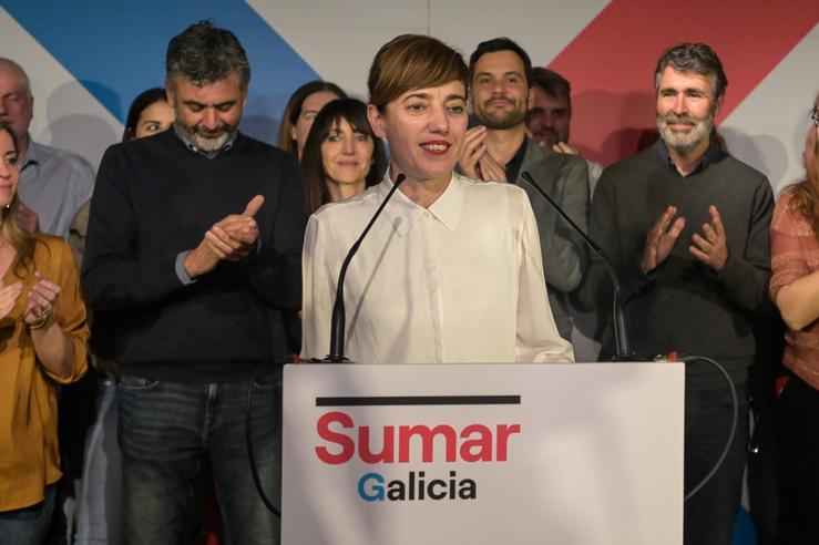 A candidata de Sumar á Presidencia da Xunta, Marta Lois, comparece durante o seguimento da xornada electoral. M. Dylan - Europa Press 