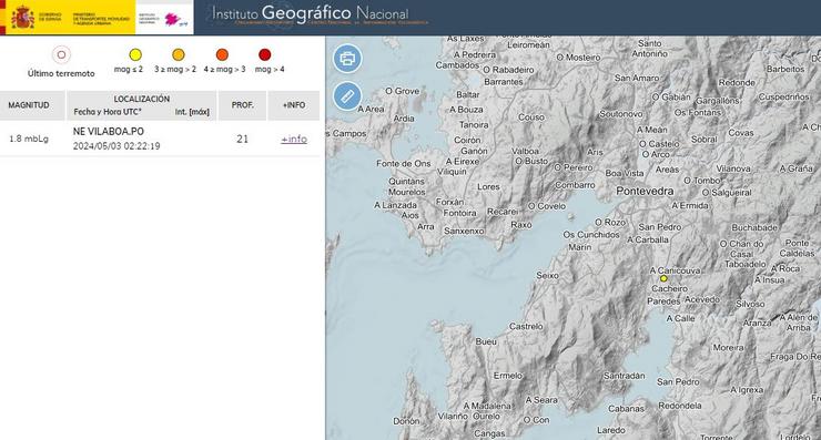 Rexistro dun terremoto de magnitude 1,8 en Vilaboa, a 3 de maio de 2024 / IGN